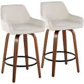 Daniella 26" Swivel Counter Stool in Walnut Wood & Cream Fabric with Black Footrest (Set of 2)